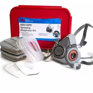 Respirator kit with mask, filters, and red carrying case on a white background