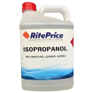 A white plastic container with a red cap labeled 'Isopropyl Alcohol 100%' from RitePrice Industrial Coatings & Supplies.
